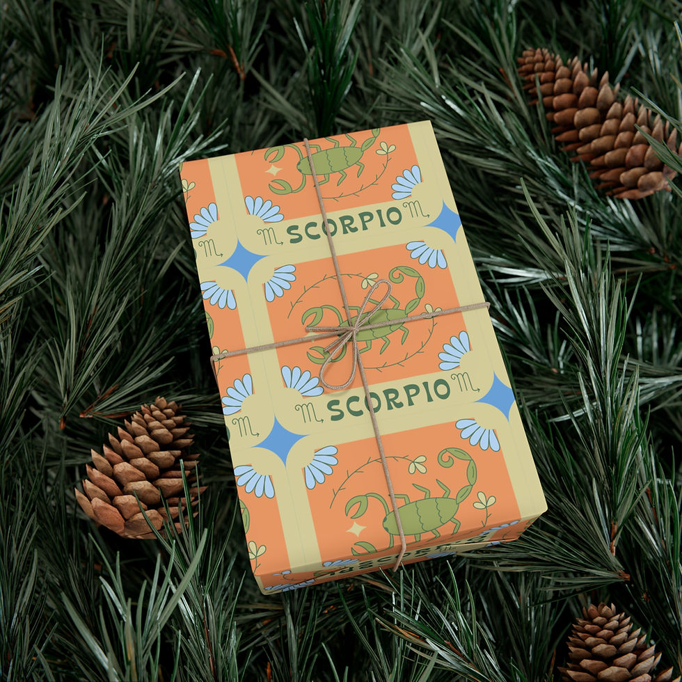 Thumbnail: Gift wrapped with Scorpio design and text on a backdrop of pine needles and pinecones.