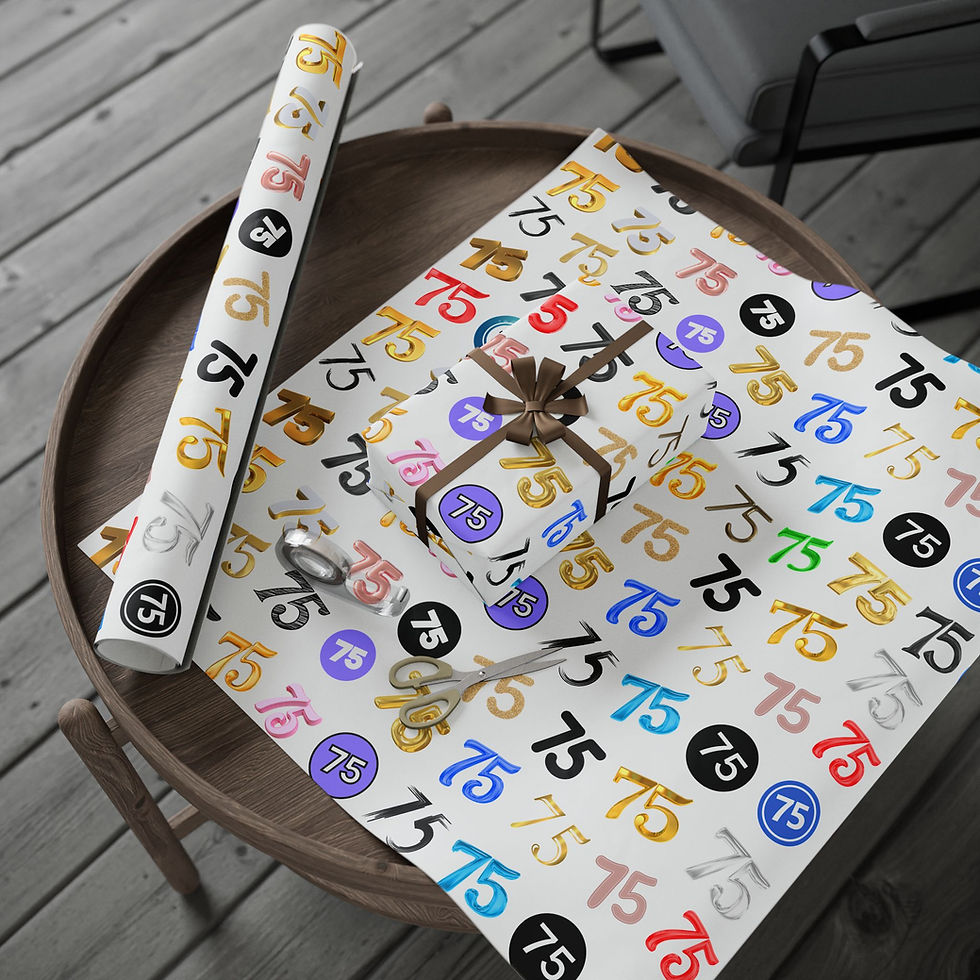 Thumbnail: Gift-wrapped present on 75th Birthday Gift Wrapping Paper, table with scissors and roll.