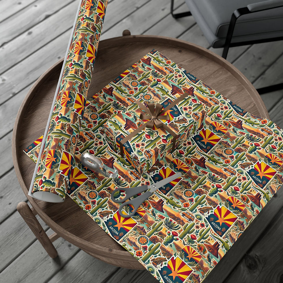 Thumbnail: Wrapping paper roll and sheets with Angolan landmarks, culture, and wildlife designs.