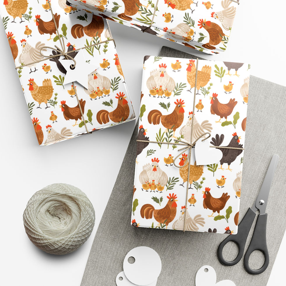 Thumbnail: Wrapped gifts on a table, Chicken Farm Gift Wrapping Paper featuring hens and roosters.