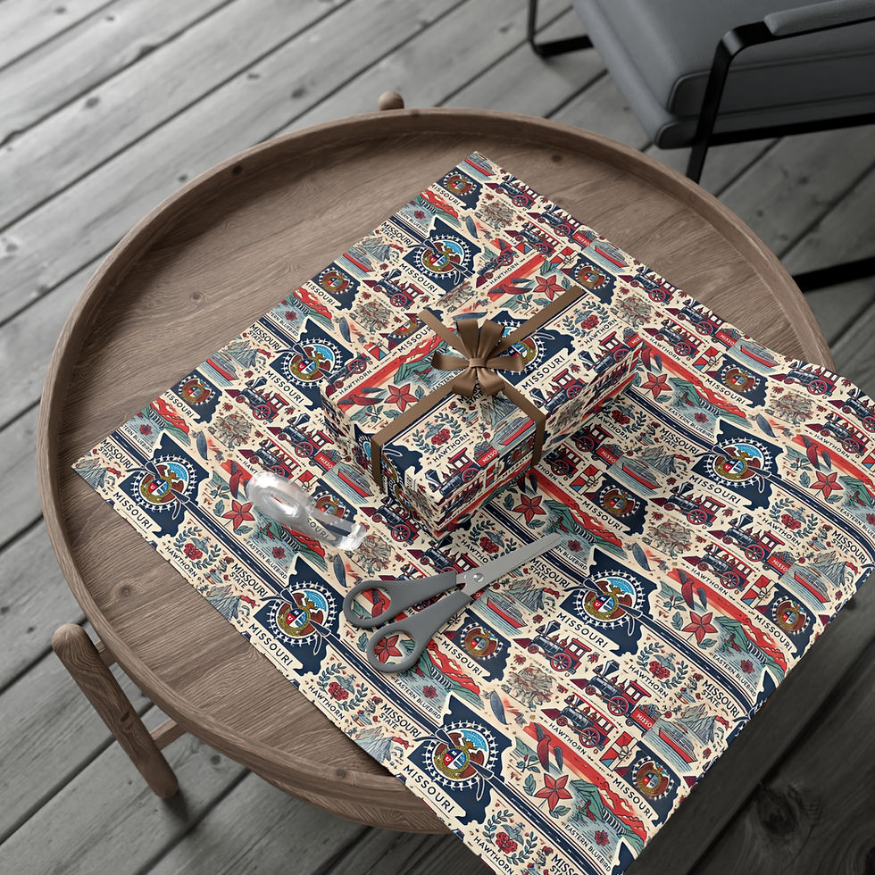 Thumbnail: Gift wrapped, patterned present on table. Oregon Inspired Gift Wrapping Paper | Columbia Gorge.