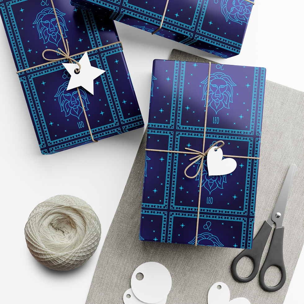 Thumbnail: Wrapped gifts with blue pattern and tags on white surface with scissors and rope.