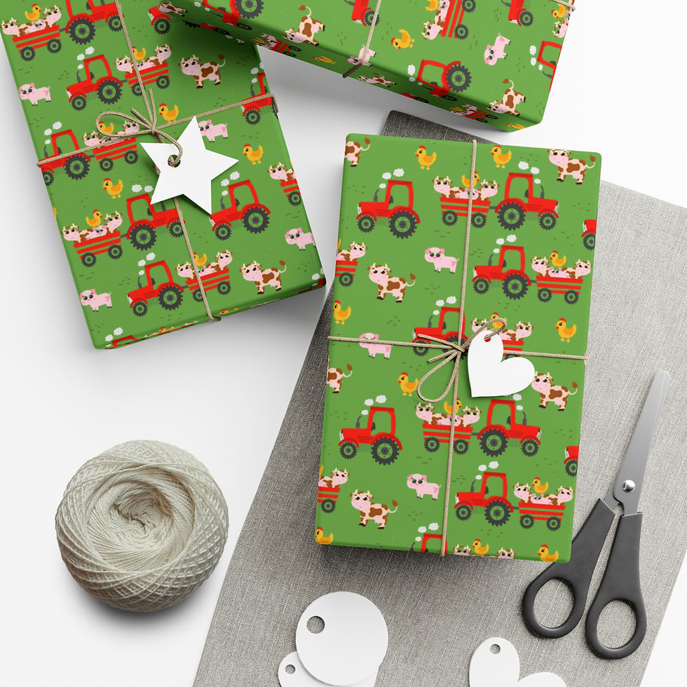 Thumbnail: Wrapped gifts with tractor, pig, and chicken pattern; scissors on the side.