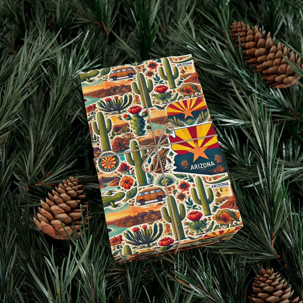 Thumbnail: Arizona-themed gift wrap with cacti and state flag on a bed of pine needles and pine cones