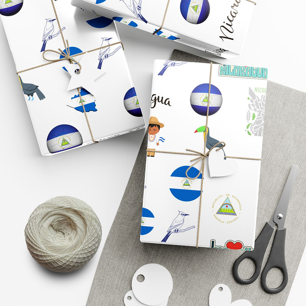 Thumbnail: Wrapped gifts with Nicaragua flags and text on wrapping paper; scissors and string.