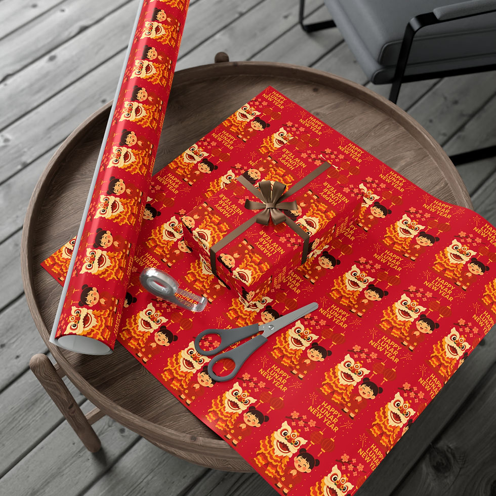 Thumbnail: Red wrapping paper with gifts, scissors, and a roll on a table.