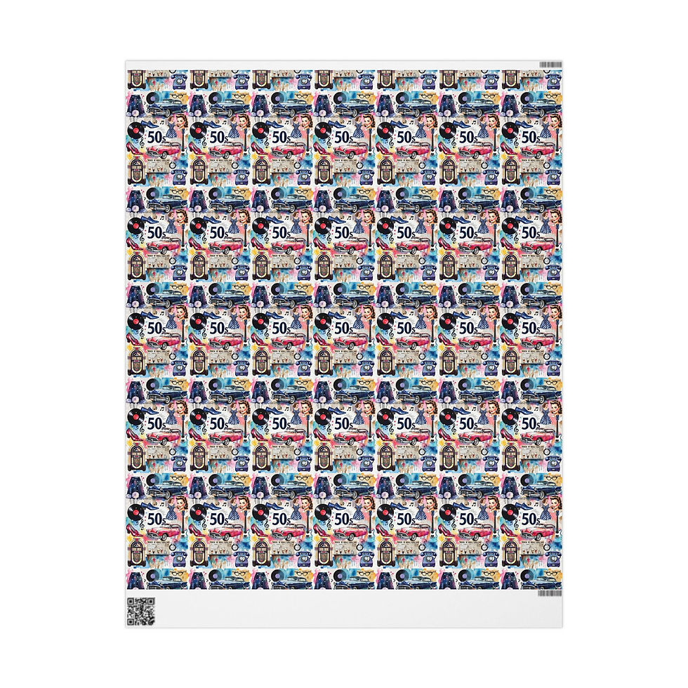 Thumbnail: Wrapping paper with repeated collage print. Several graphics on the gift wrap