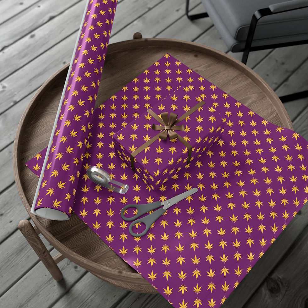 Thumbnail: Gift wrapping paper with purple and yellow pattern, scissors on table.