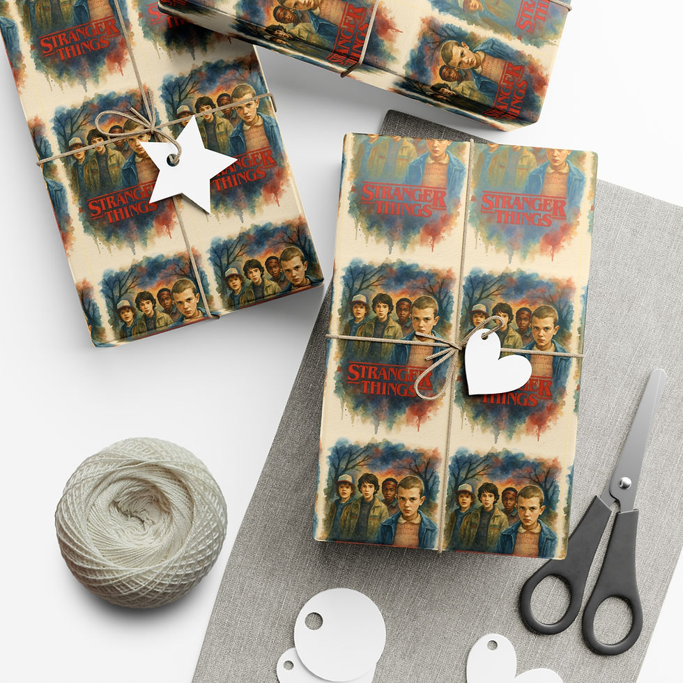 Thumbnail: Stranger Things wrapping paper gifts with tags and scissors. Stranger | Things Inspired Gift Wrapping Paper | Sci-Fi Fan Wrap Featuring 