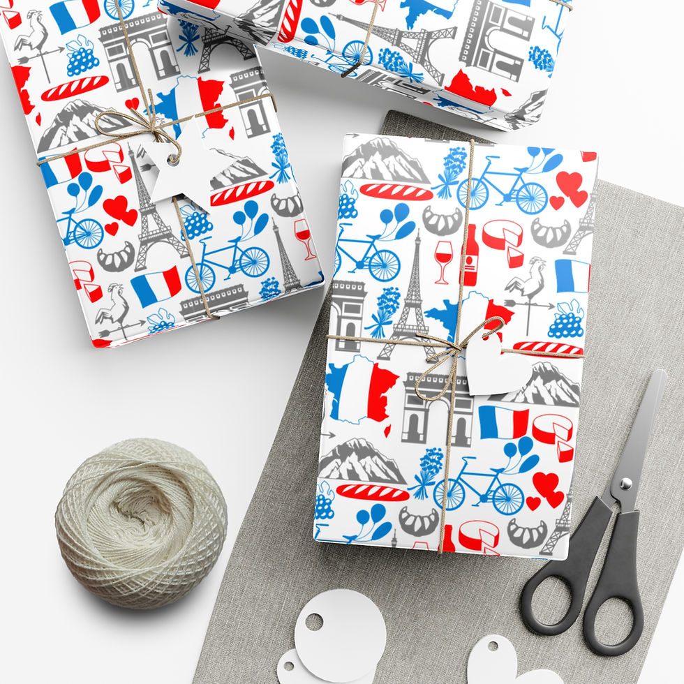 Thumbnail: Wrapped gifts with France-themed wrapping paper, with scissors and twine nearby.