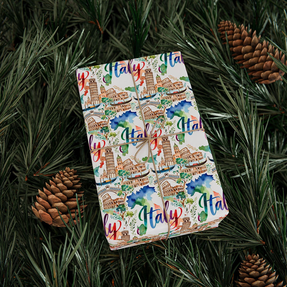 Thumbnail: Gift-wrapped Italy-themed present with colorful text and illustrations on festive background.