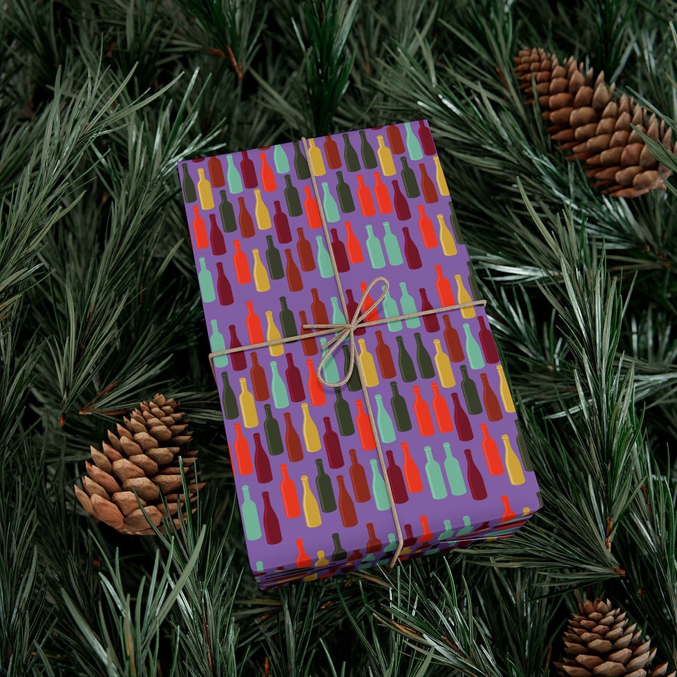 Thumbnail: Gift wrapped with purple paper and bottles, pine cones and evergreen background