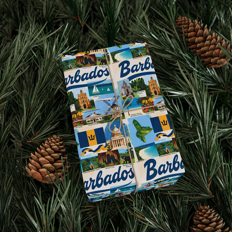 Thumbnail: Wrapped gift with Barbados pattern, green background, and pine cones High Oak Paper.