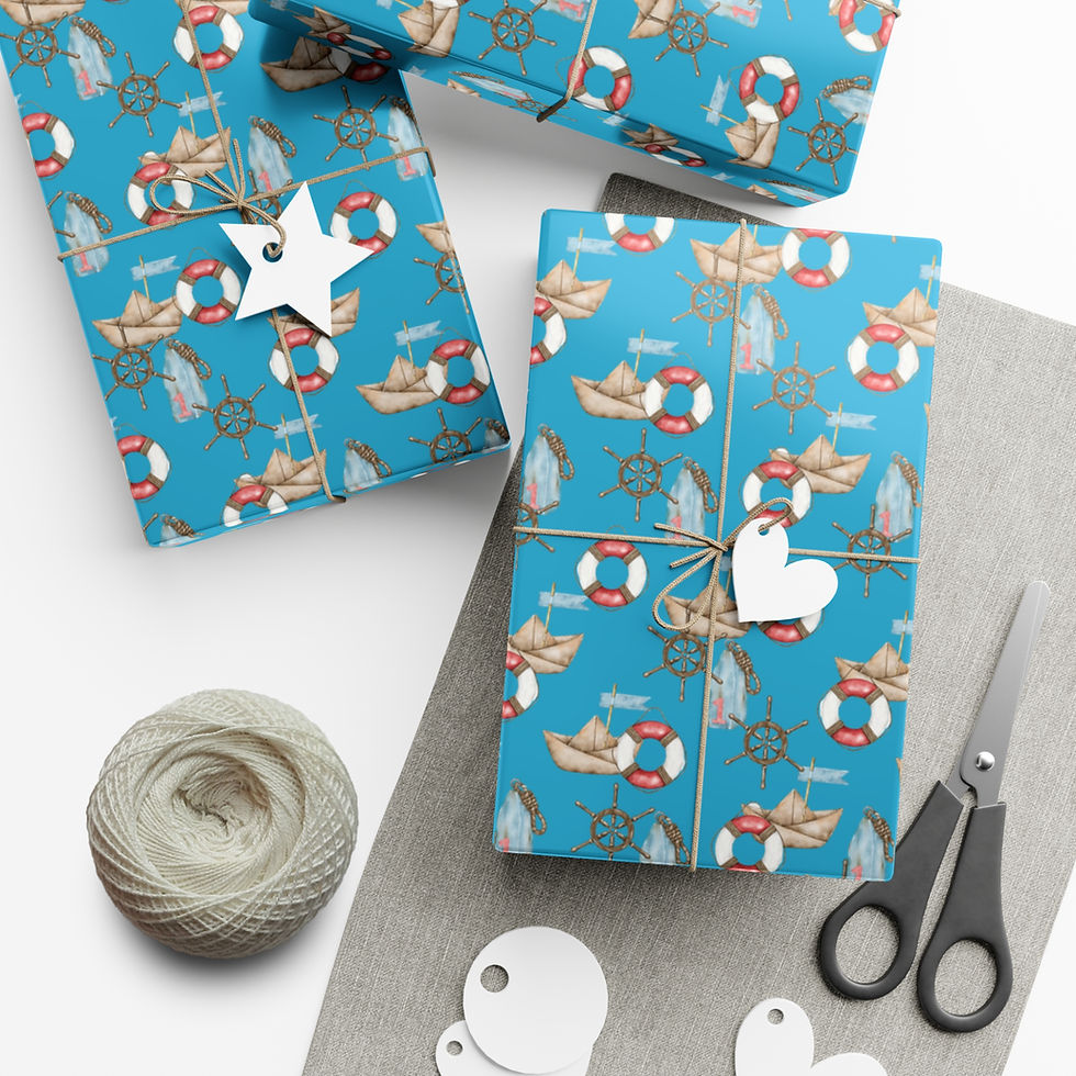 Thumbnail: Wrapped gifts on blue nautical pattern paper with twine, scissors and tags