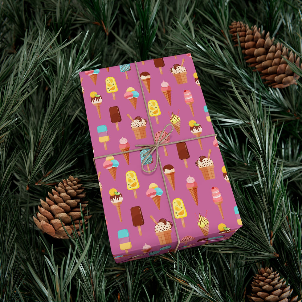 Thumbnail: Gift wrapped in ice cream patterned paper with twine on green background.