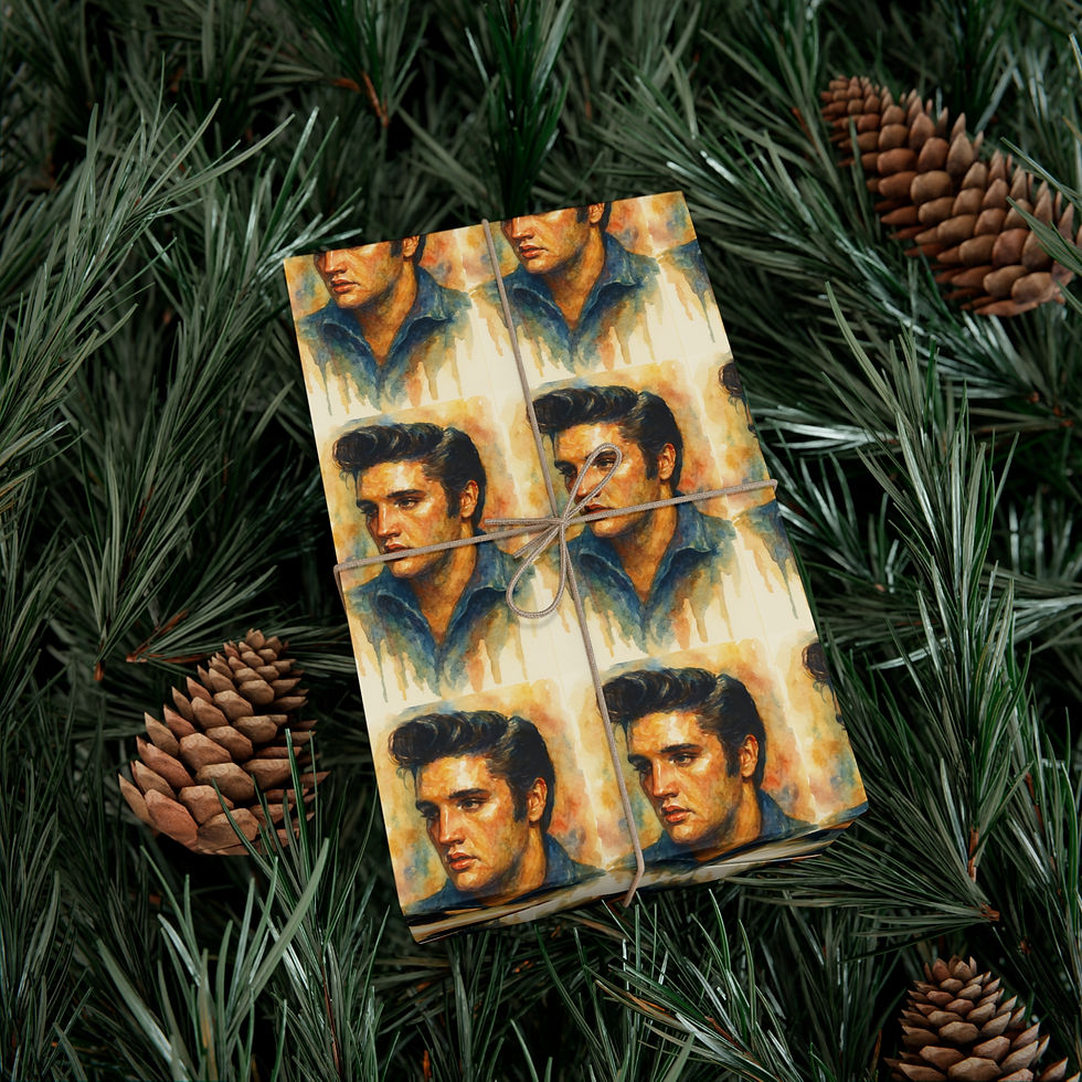 Thumbnail: Elvis Presley gift wrapping paper with pine cones and evergreen background
