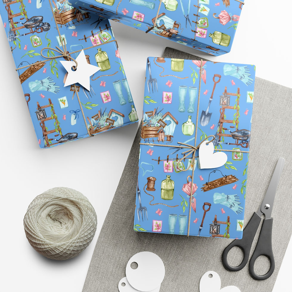 Thumbnail: Wrapped gifts on blue patterned gift wrap, scissors and twine. Blue Garden Life Gift Wrapping Paper | Farming Tools, Plants and Veggies