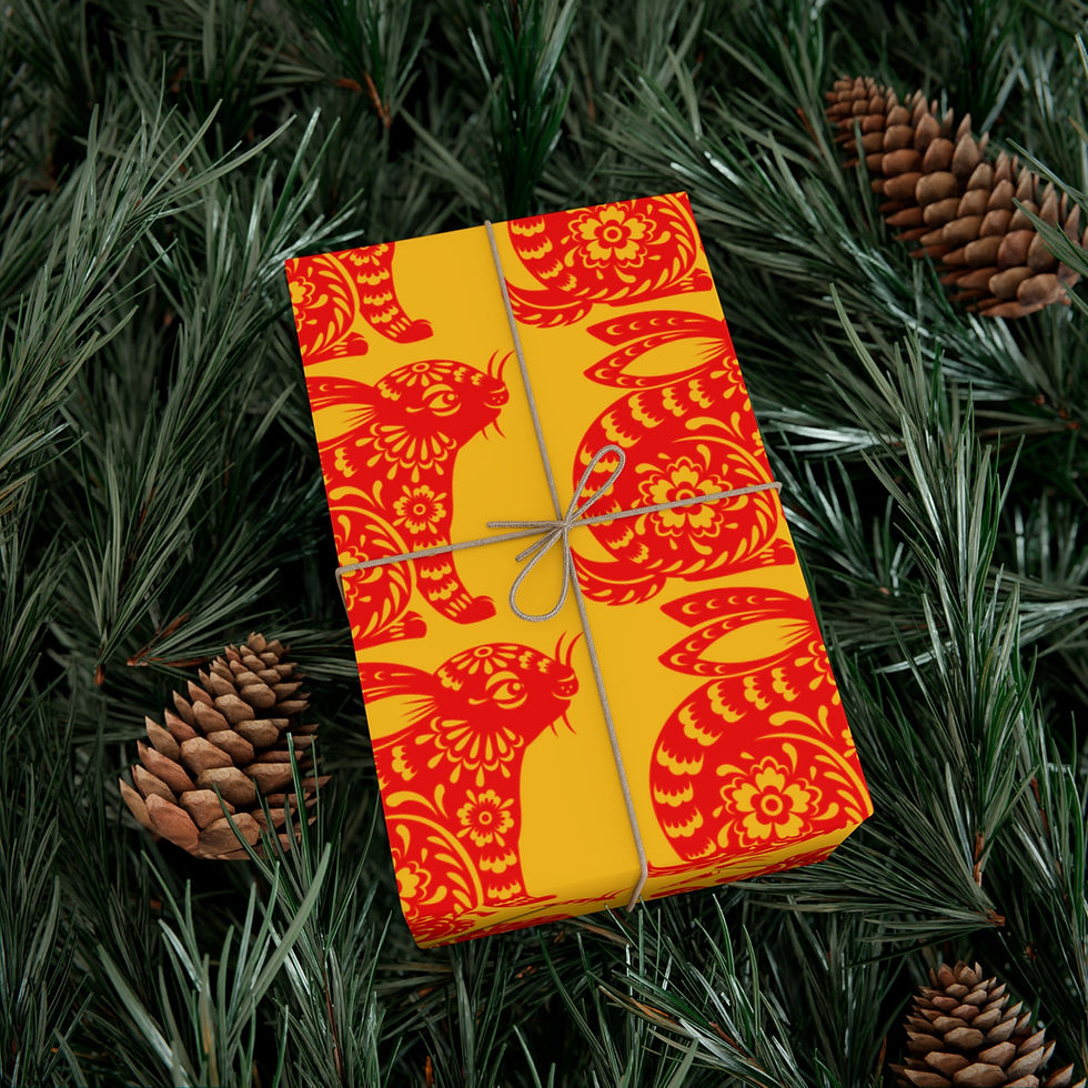 Thumbnail: Wrapped gift box with red and yellow rabbit pattern, bound with twine.