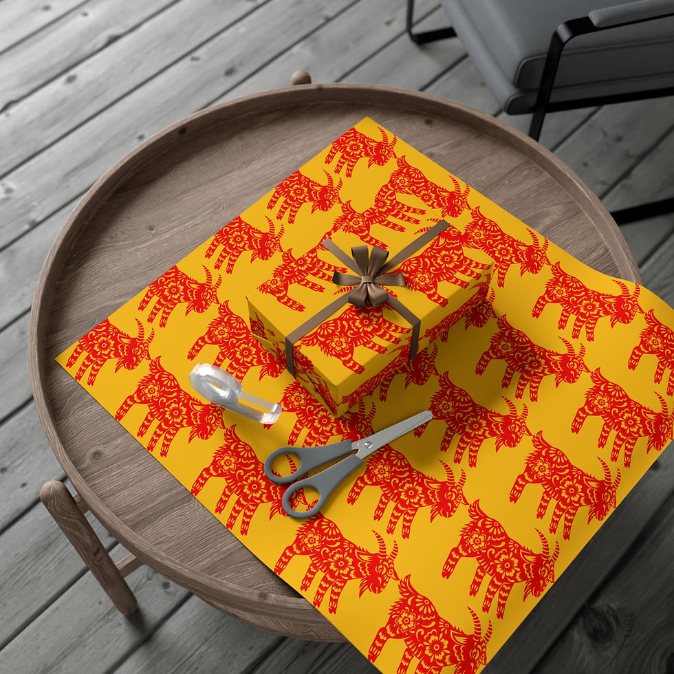 Thumbnail: Gift-wrapped present on cow-print wrapping paper with scissors. Farm Animals Gift Wrapping Paper.
