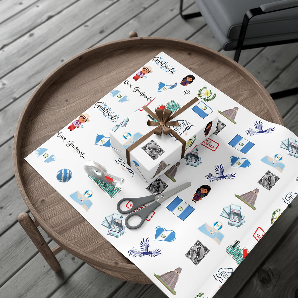 Thumbnail: Gift wrapping with Guatemala pattern, scissors, and wrapped present on wooden table Taguara Americana