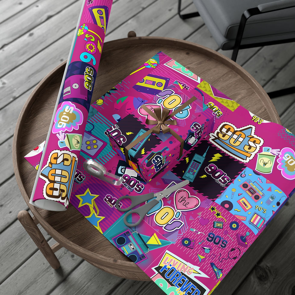 Thumbnail: 90s-themed gift wrap with scissors and a bow on a wooden table.