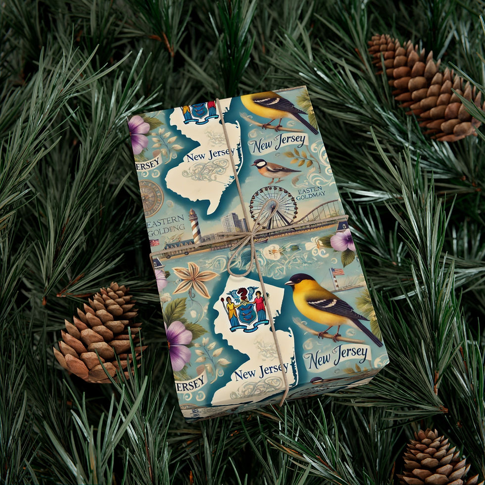 Thumbnail: Gift wrapped in New Jersey map paper, tied with twine, on evergreen branches.