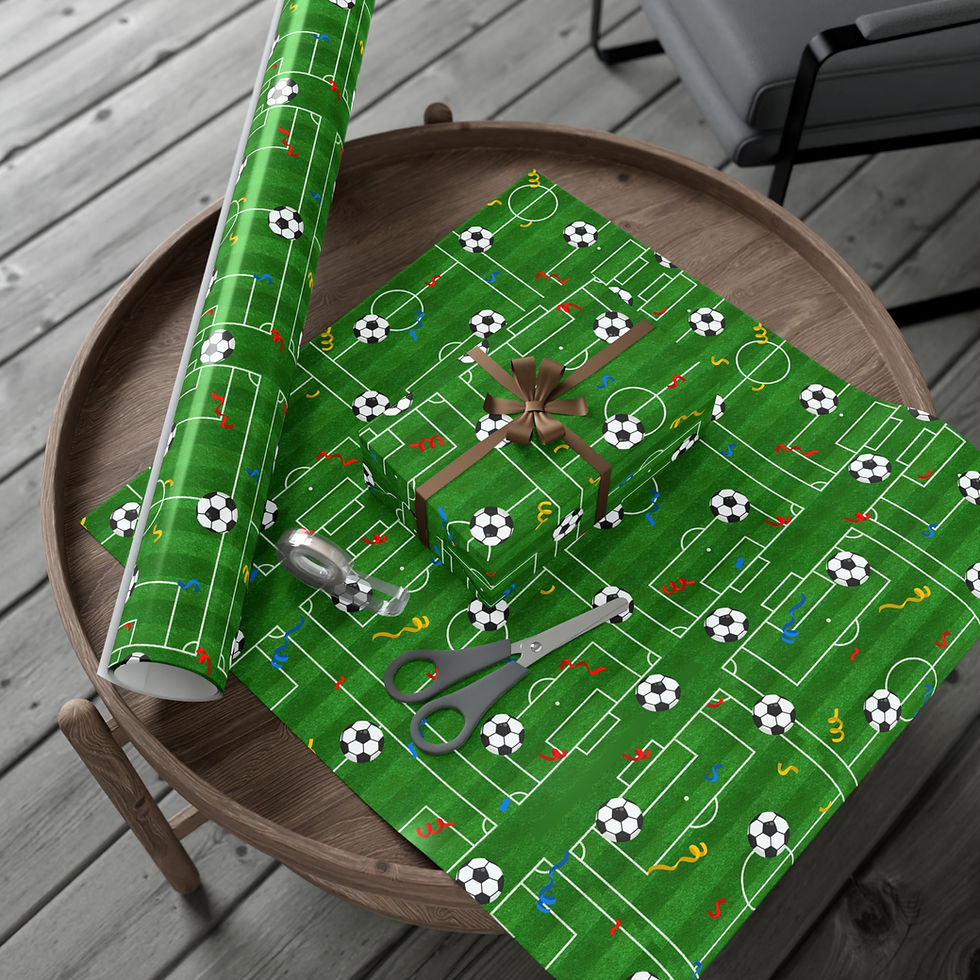 Thumbnail: Green wrapping paper with soccer field pattern, gift and scissors on table.