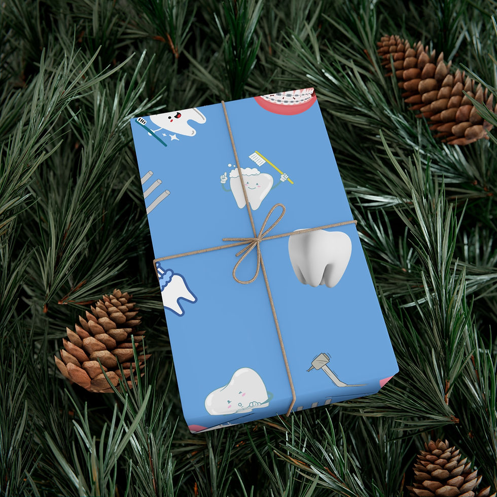 Thumbnail: Gift wrapped with dental tooth pattern paper, Vermont Gift Wrapping Paper. Blue background.