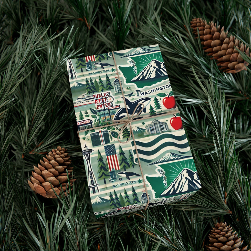 Thumbnail: Wrapped gift with Washington Gift Wrapping Paper featuring Mount Rainier, Space Needle, Orcas, and Apples.