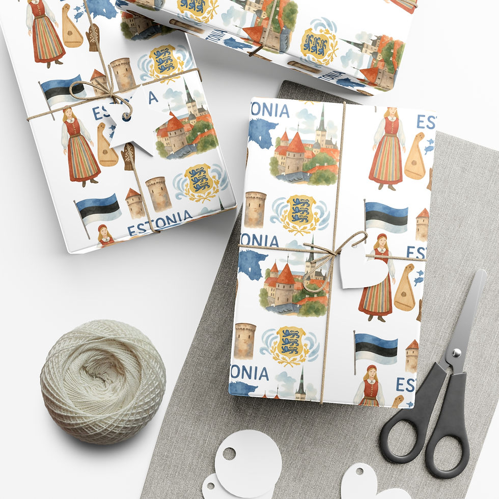 Thumbnail: Wrapped gifts with Estonia theme; flag, text, and illustration decor pattern.