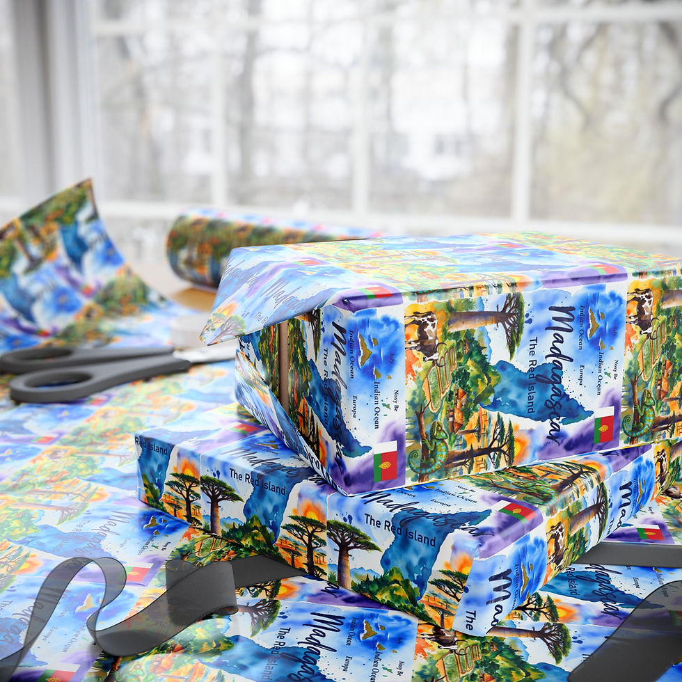 Thumbnail: Gifts wrapped in Montenegro Gift Wrap Paper with scissors.