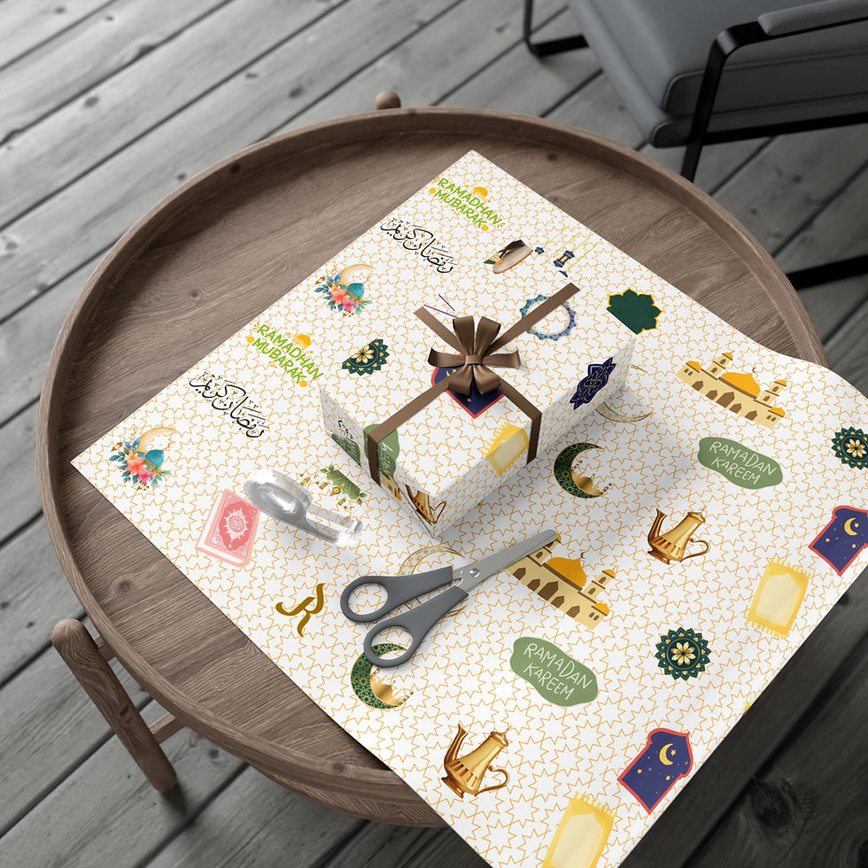 Thumbnail: Gift-wrapped box on table with scissors and decorative gift wrapping paper.