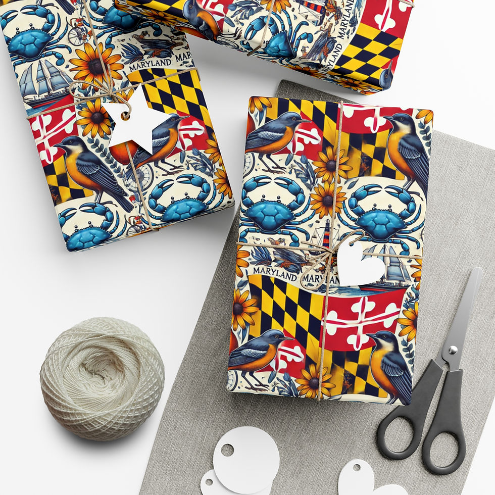 Thumbnail: Wrapped gifts with Maryland flag, crabs, sunflowers, birds and scissors on table. South Dakota Gift Wrapping Paper