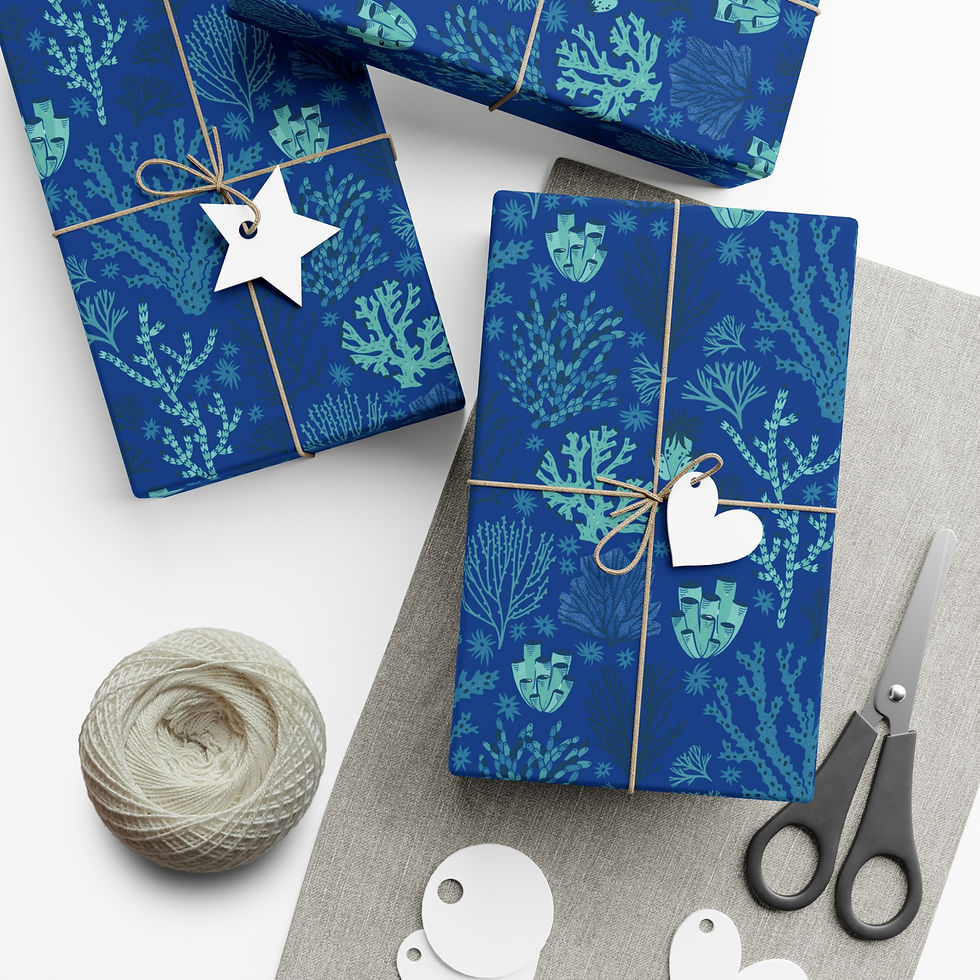 Coral Reef Inspired Gift Wrapping Paper | Deep Blue Sea Wrap with Coral Pattern
