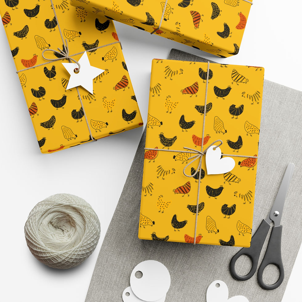 Thumbnail: Wrapped gifts with Chicken Lover Gift Wrapping Paper | Yellow Wrap with Black & Red Hens Pattern on table