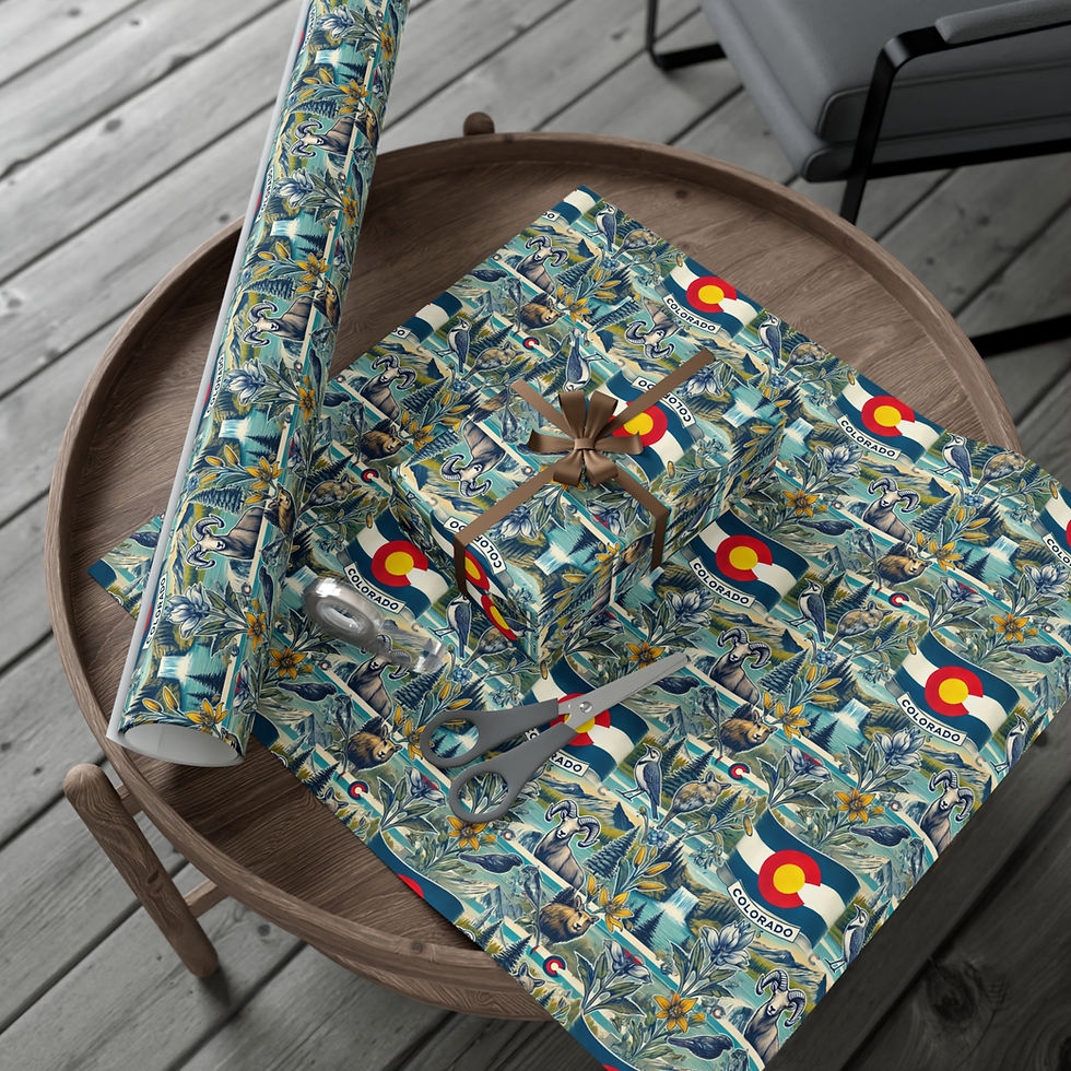 Thumbnail: Colorado flag gift wrapping paper with scissors on a wooden table