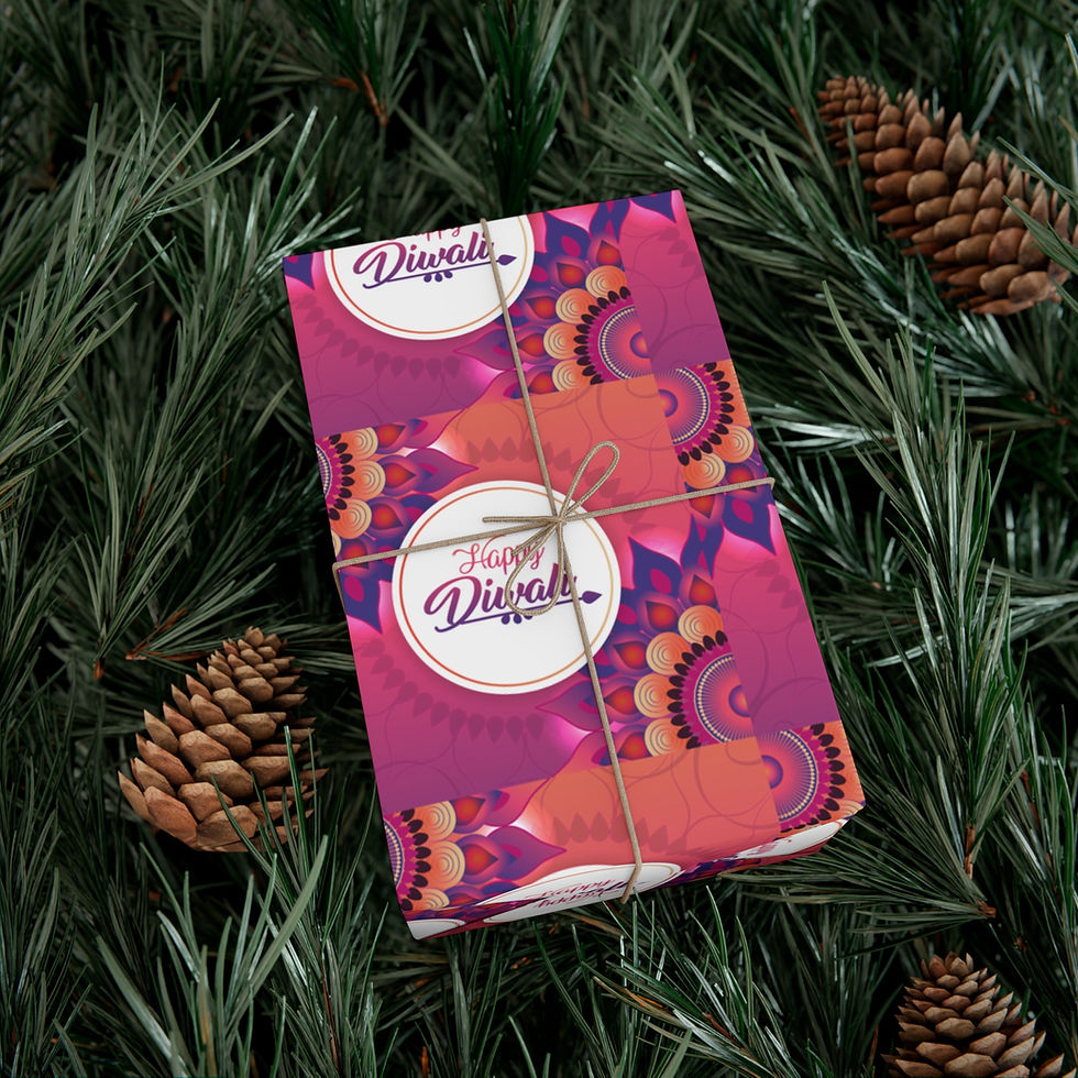 Thumbnail: Wrapped gift box Happy Diwali text on red and pink paper with pine needles.