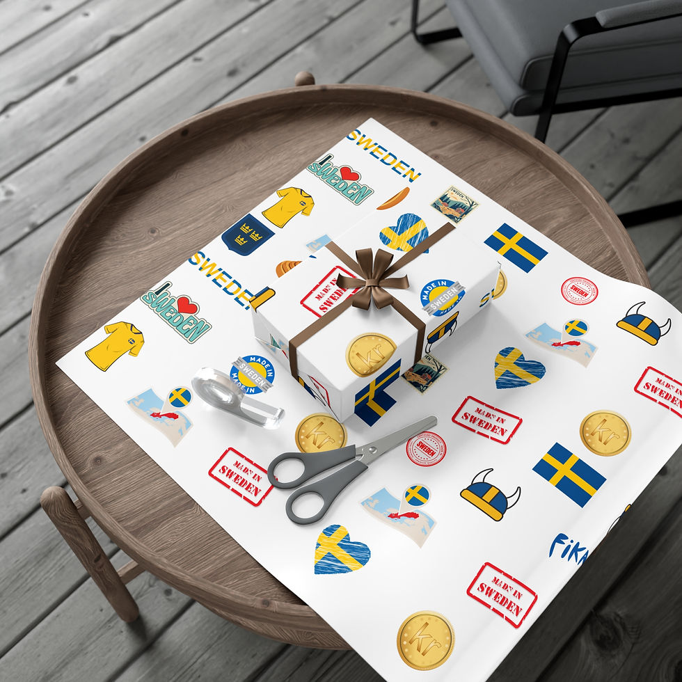 Thumbnail: Gift wrapped with Swedish flag wrapping paper and scissors on table. Made in Sweden.
