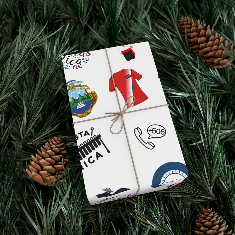 Thumbnail: Gift wrapped in Costa Rica themed paper with pine cones in background.
