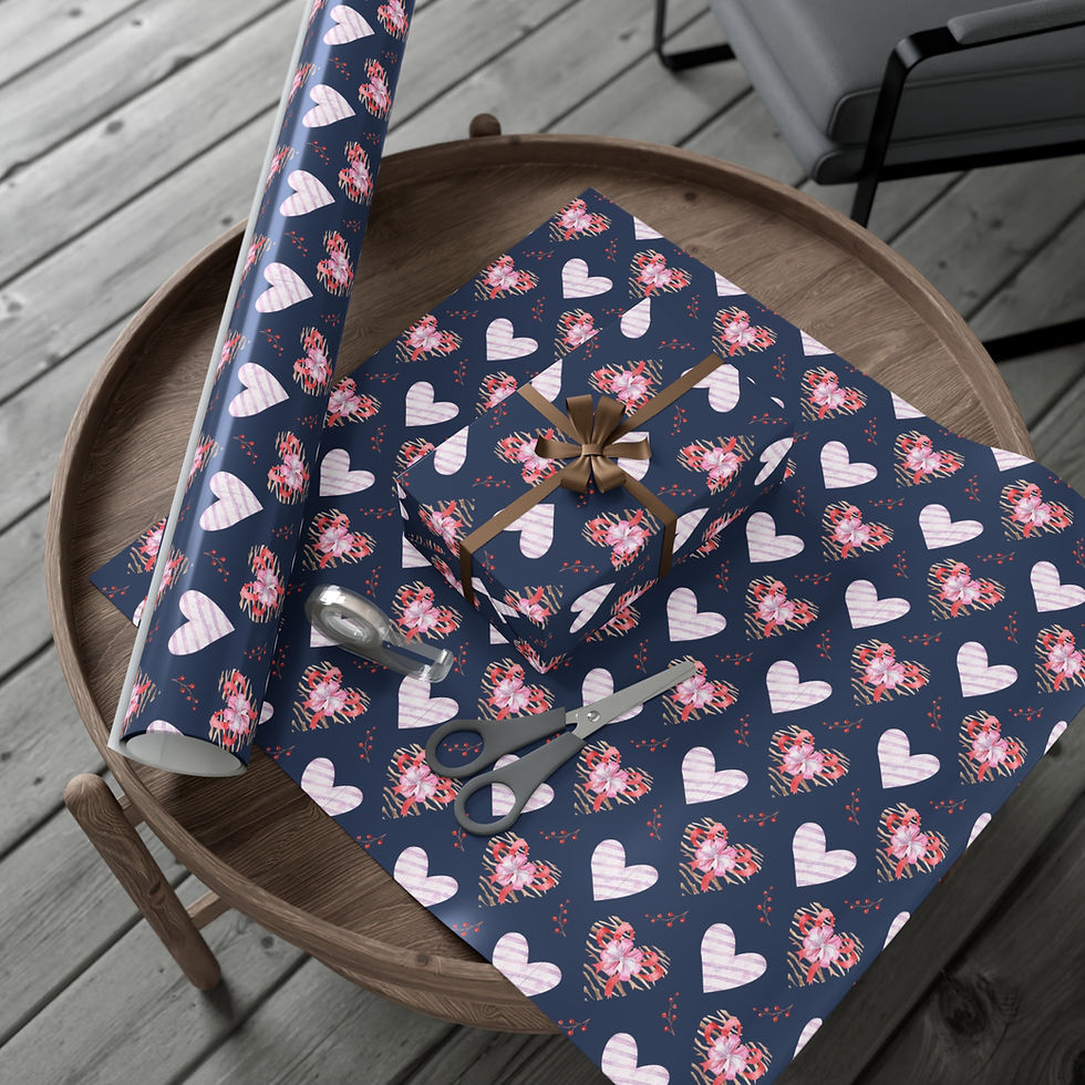 Thumbnail: Gift wrapping paper with hearts on a table, ready for presents to wrap.