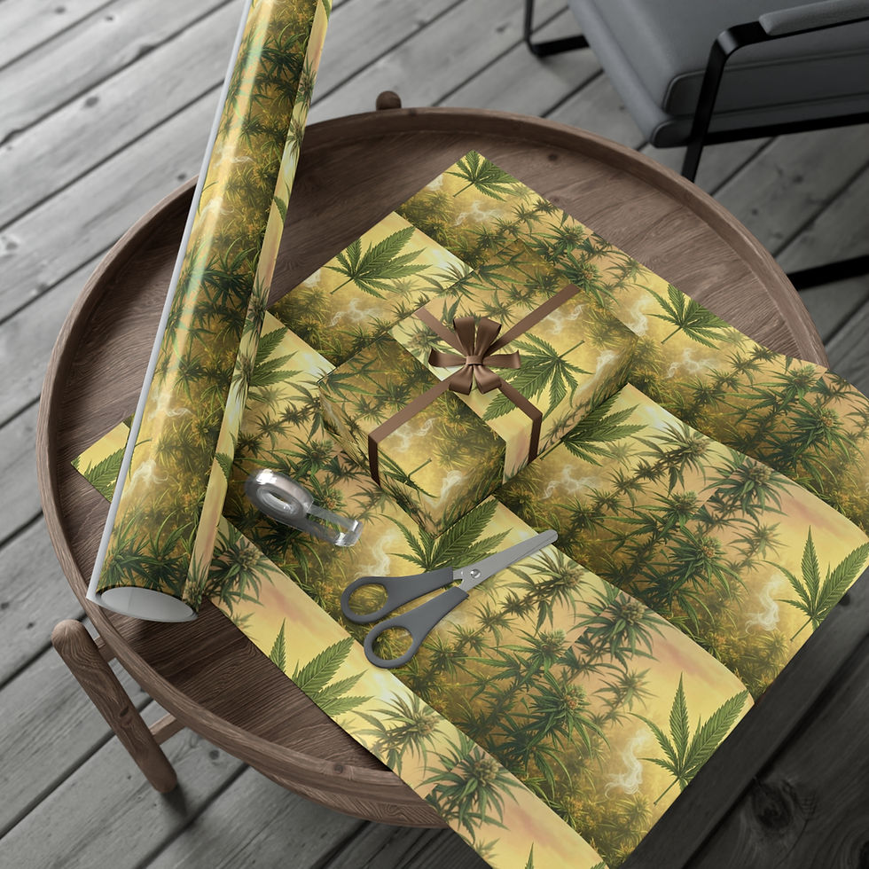 Thumbnail: Cannabis gift wrap on table with scissors and tape; ready for presents.