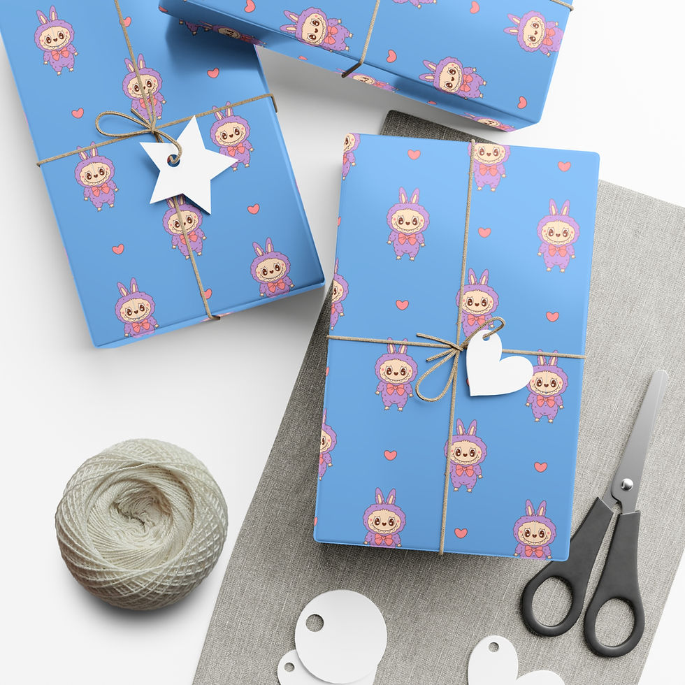 Thumbnail: Rabbit gift wrap with string and tag; scissors, presents on table