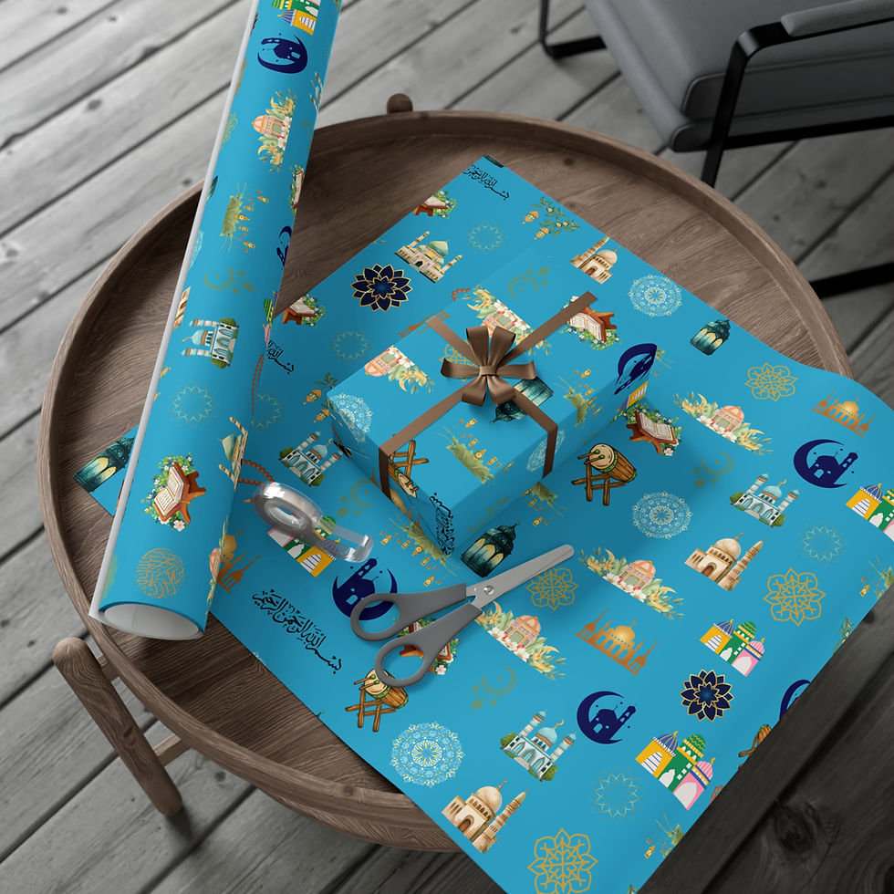 Thumbnail: Gift-wrapped present on patterned blue paper with scissors and roll on table