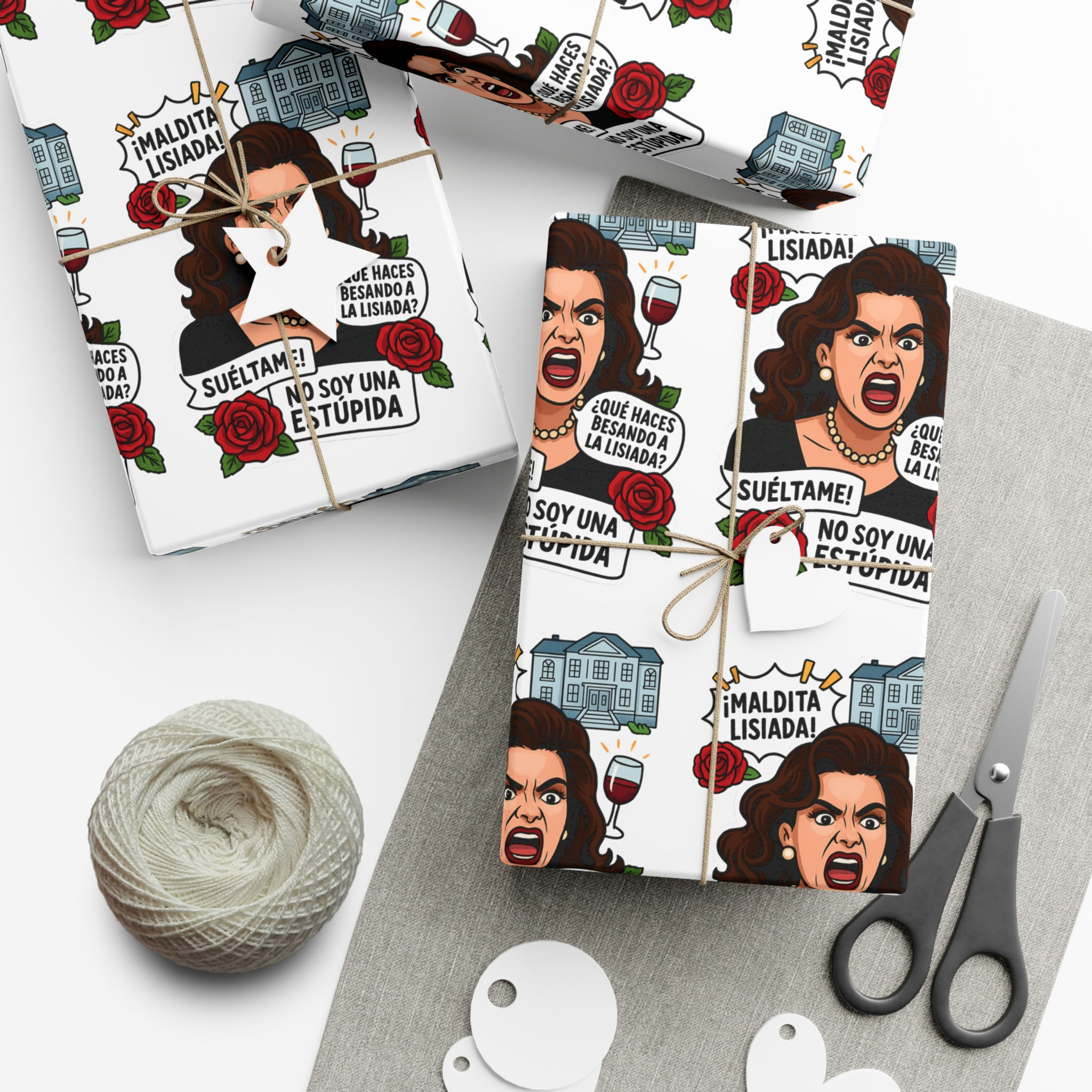 Gift-wrapped packages with Soraya Montenegro image and quotes, ready for wrapping gifts.