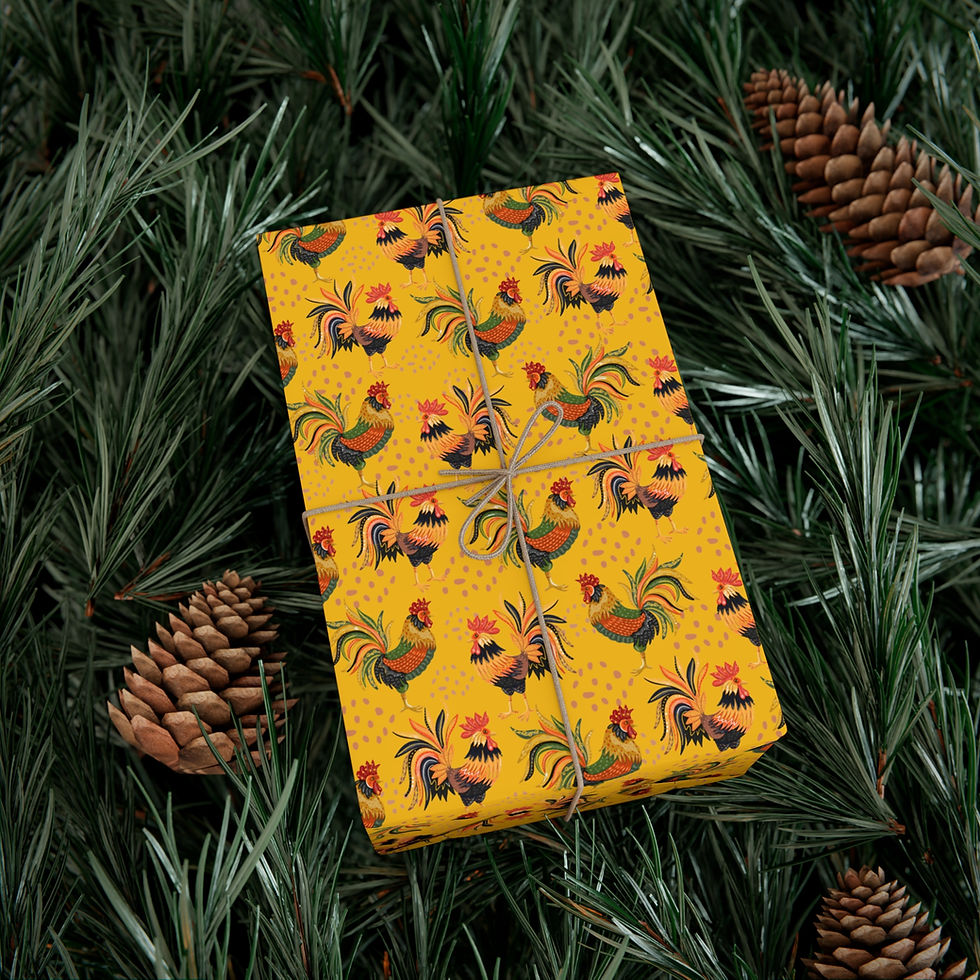 Thumbnail: Gift wrapped in festive yellow rooster wrapping paper among pine needles