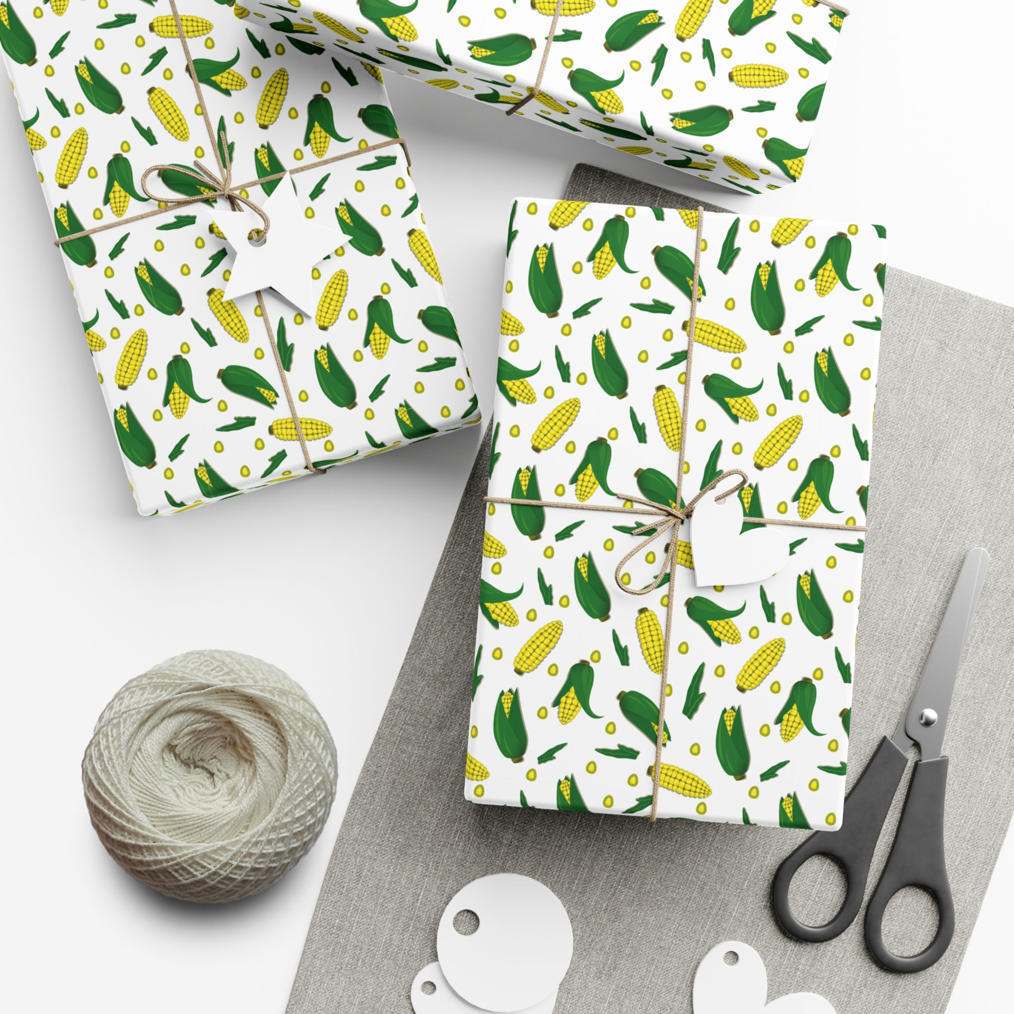 Wrapped gifts with corn pattern. Corn Lover Gift Wrapping Paper | Yellow and Green Corn Pattern Gift Wrap Paper.