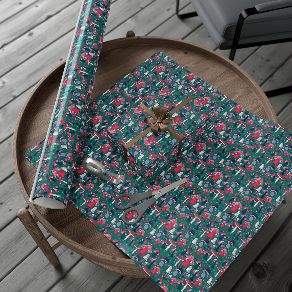 Thumbnail: Gift wrapping paper with red flowers, scissors, wrapped present on a table