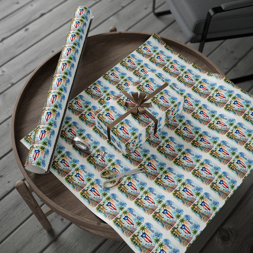 Thumbnail: Puerto Rican flag patterned gift wrap roll and present