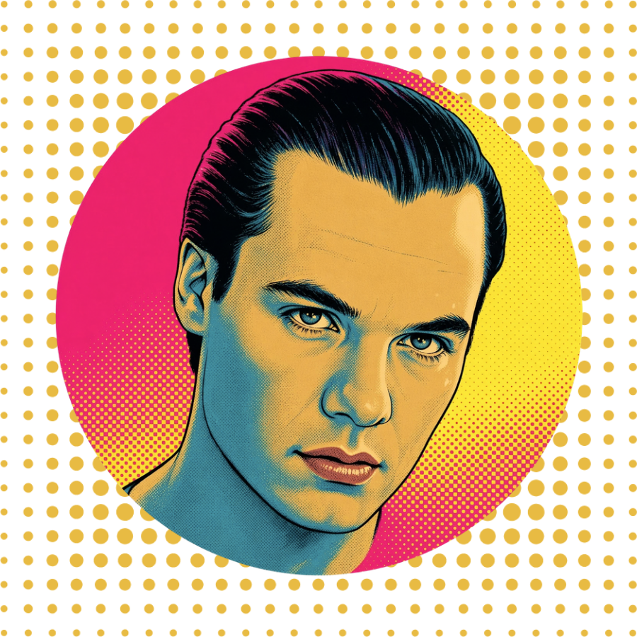 Pop art glass ornament of Juan Gabriel with slicked-back dark hair