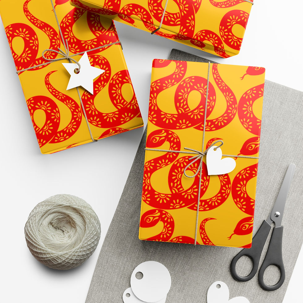 Thumbnail: Wrapped gifts with snake design, twine, scissors, and white heart tags. Taguara Americana.